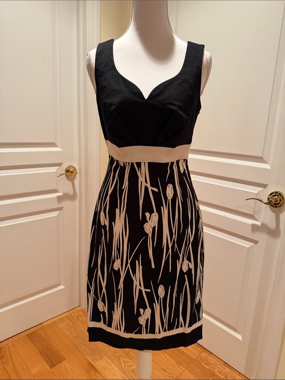 White House Black Market Black and Cream Floral A-Line Dress